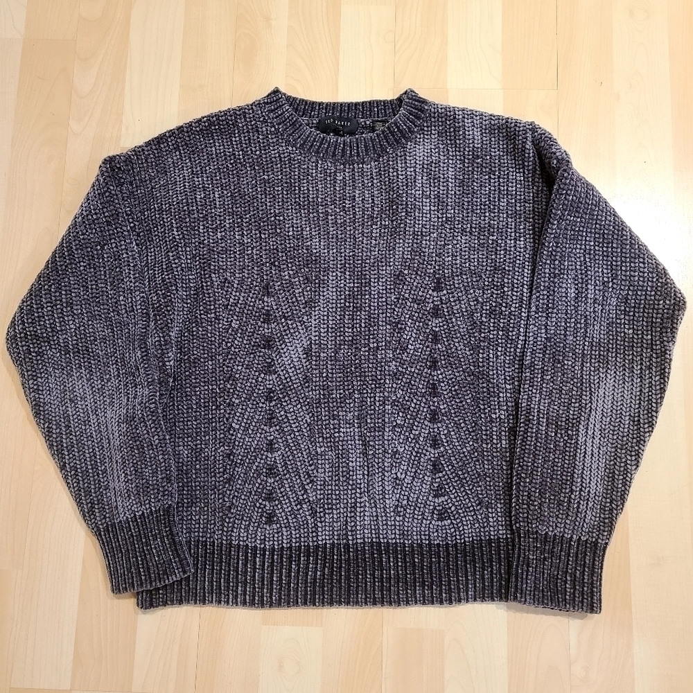 Ted Baker Chenille Soft Knit Sweater Cottagecore Crewneck Long Sleeves Purple